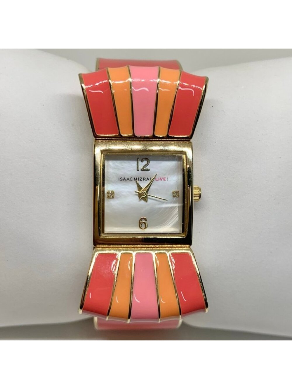 Isaac Mizrahi Live! Bangle Bow Watch cuff bracelet Pink gold tone mop dial runs